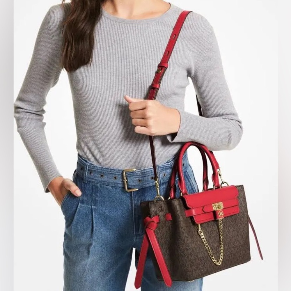 NWT - Michael Kors Hamilton Legacy Sm Logo Belted Satchel, Crimson/Brown - Picture 2 of 11